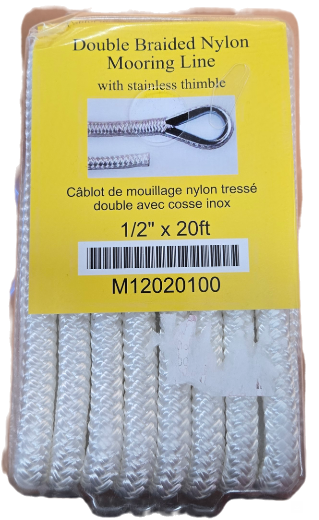 Double Braided Nylon Mooring Line with Stainless Thimble  1/2 x 20 ft