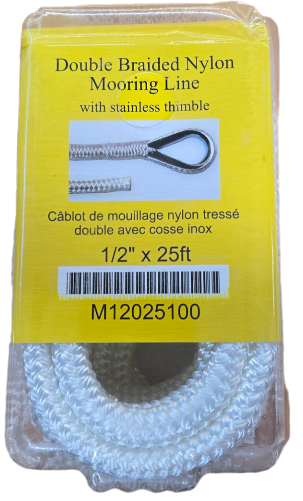 Double Braided Nylon Mooring Line with Stainless Thimble  1/2 x 25 ft 